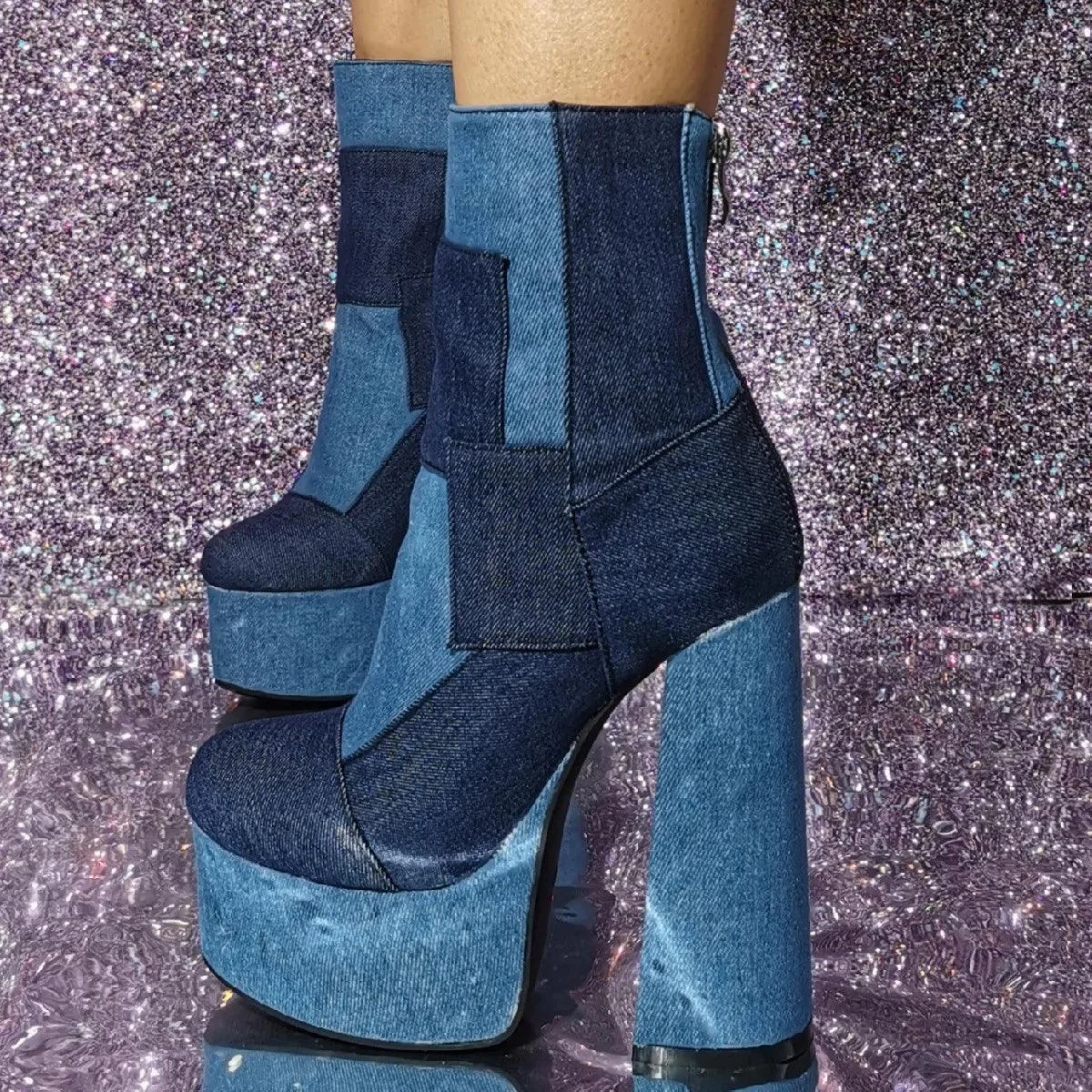 Denim Patchwork Round Toe Platform Short Boots Back Zipper - Glova