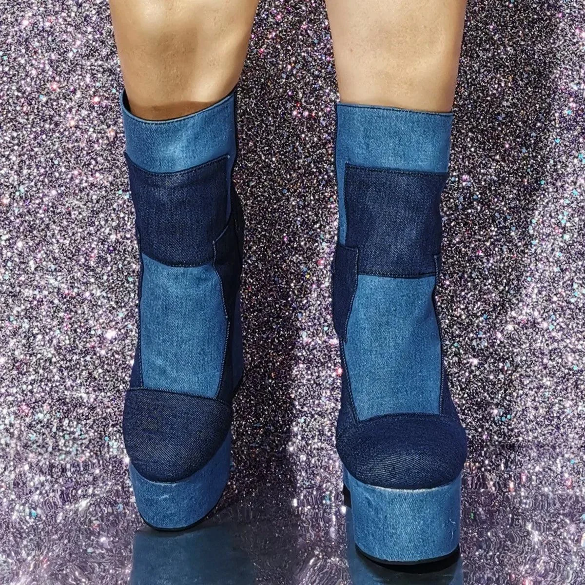 Denim Patchwork Round Toe Platform Short Boots Back Zipper - Glova