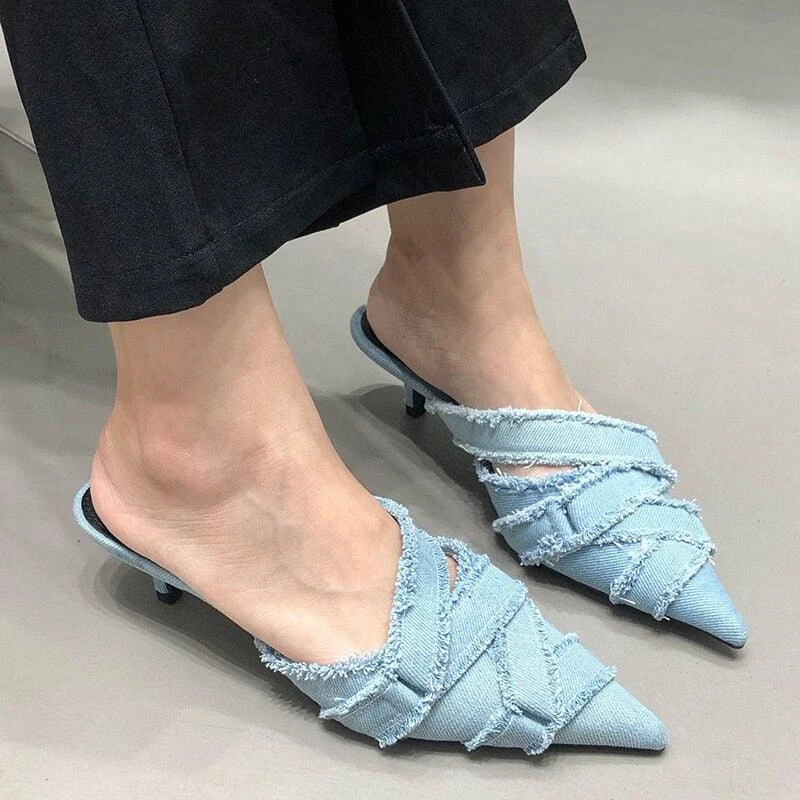 Denim Pumps Designer Medium Heel Shoes for Women - Glova