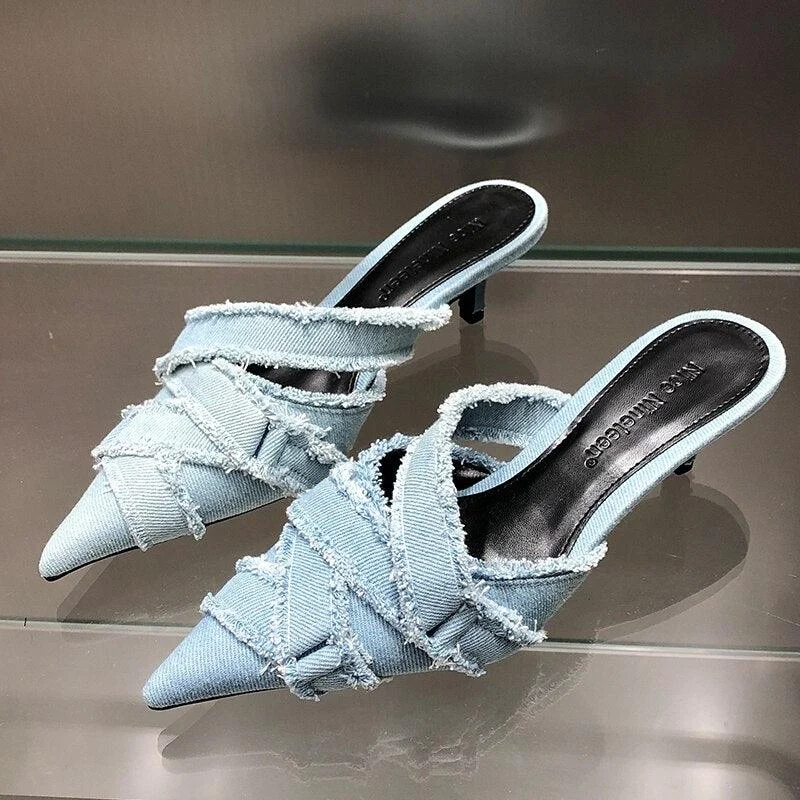 Denim Pumps Designer Medium Heel Shoes for Women - Glova