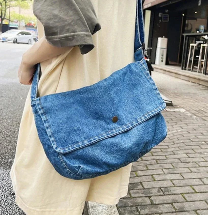 Denim Solid Color Large Capacity Messenger Bags - Glova