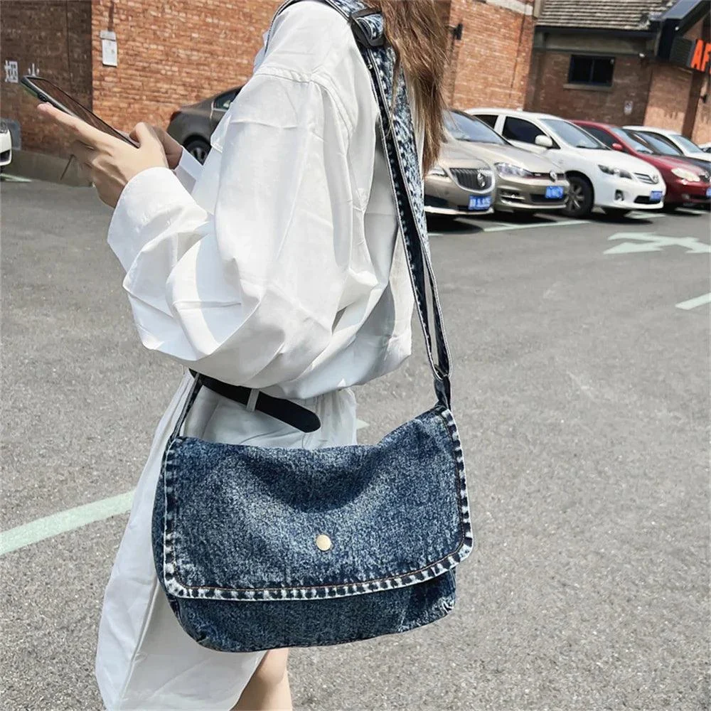 Denim Solid Color Large Capacity Messenger Bags - Glova