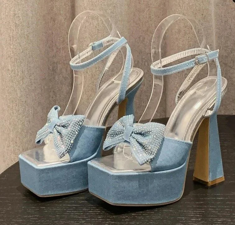 Denim Square Toe Butterfly-Knot Platform Chain Buckle Strap Shoes - Glova