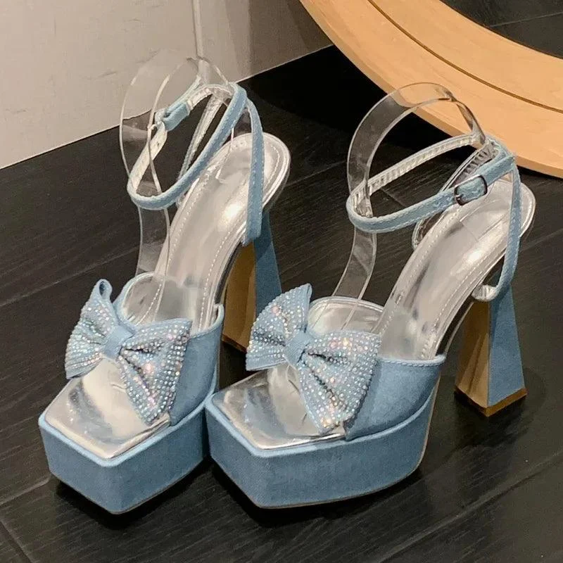 Denim Square Toe Butterfly-Knot Platform Chain Buckle Strap Shoes - Glova