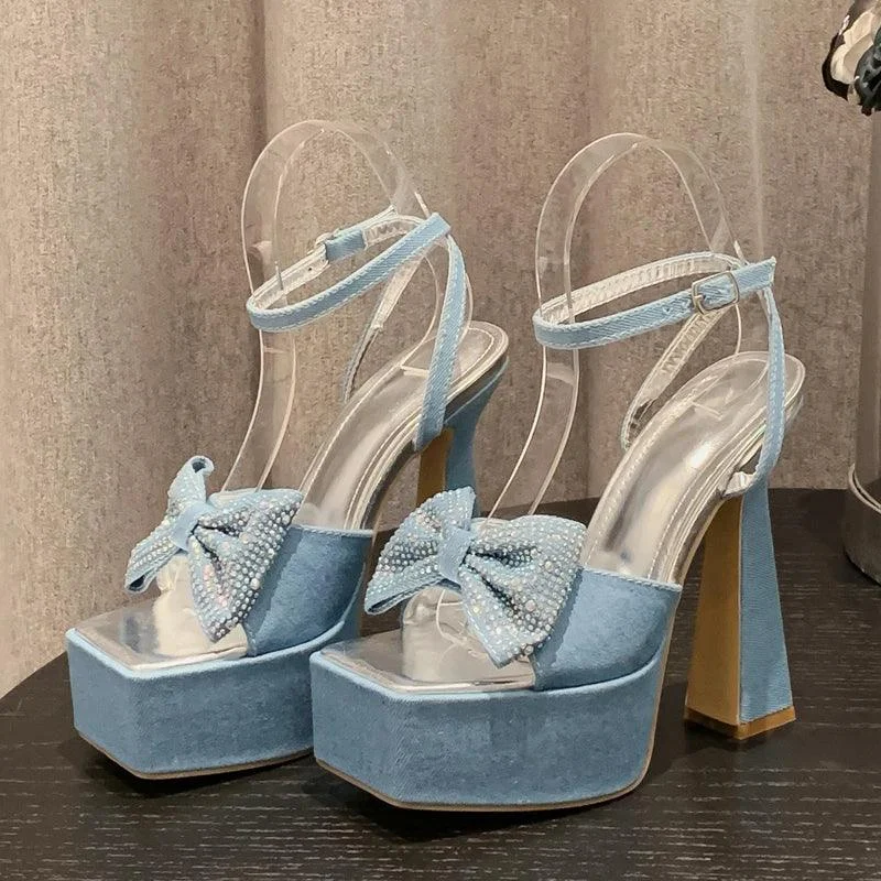 Denim Square Toe Butterfly-Knot Platform Chain Buckle Strap Shoes - Glova