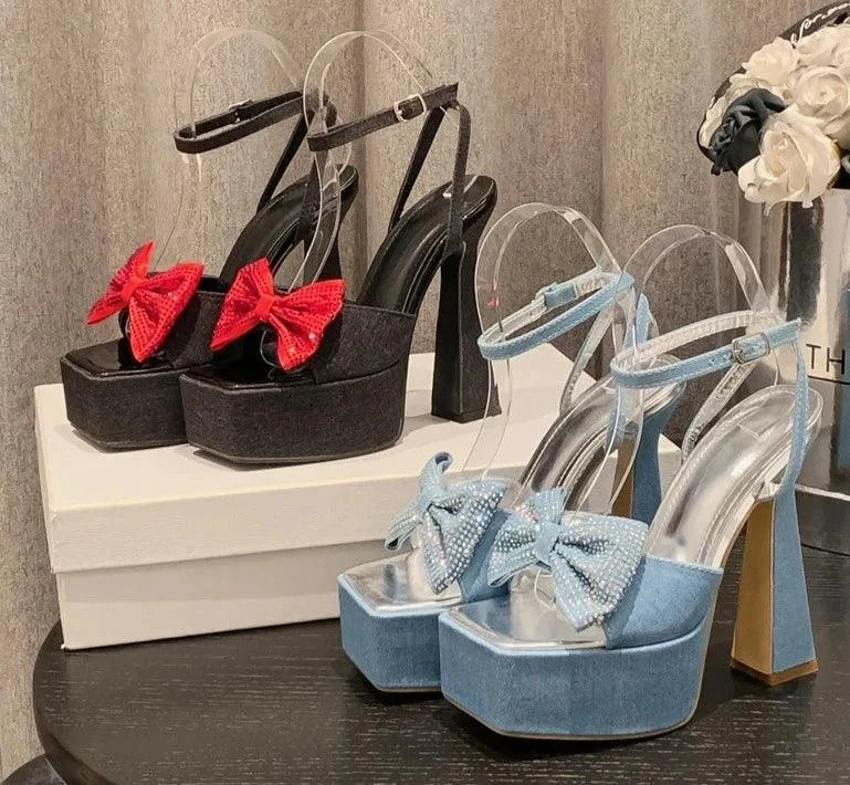 Denim Square Toe Butterfly-Knot Platform Chain Buckle Strap Shoes - Glova