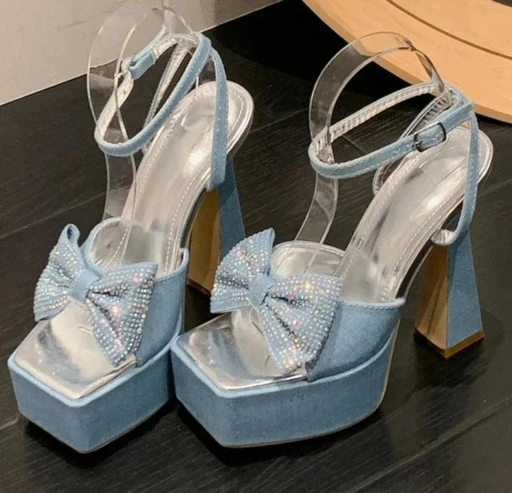 Denim Square Toe Butterfly-Knot Platform Chain Buckle Strap Shoes - Glova