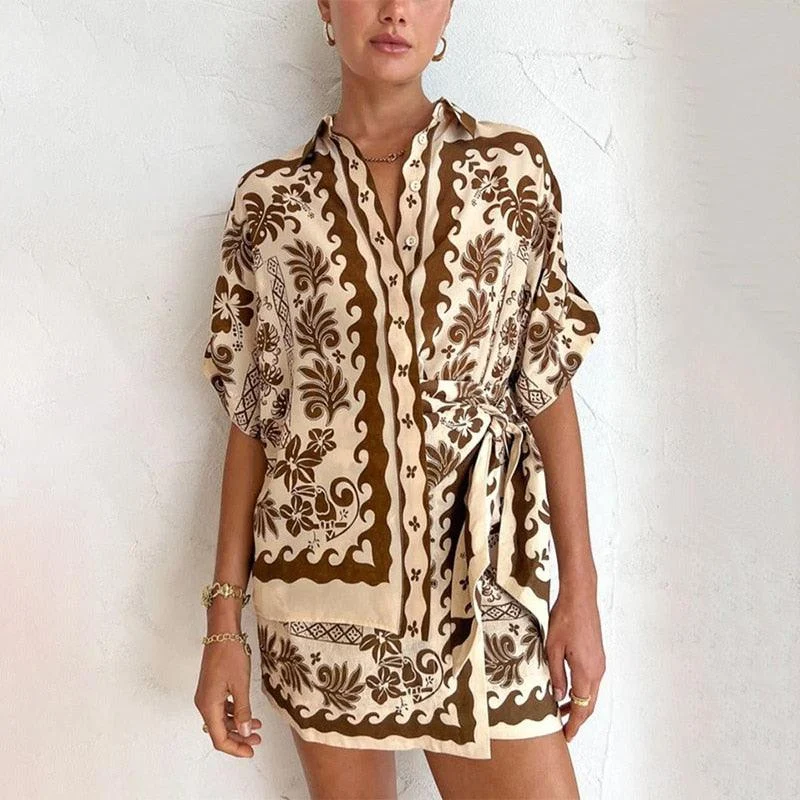 Devia Fern Prints Shirts and Mini Skirt 2-Piece Set - Glova