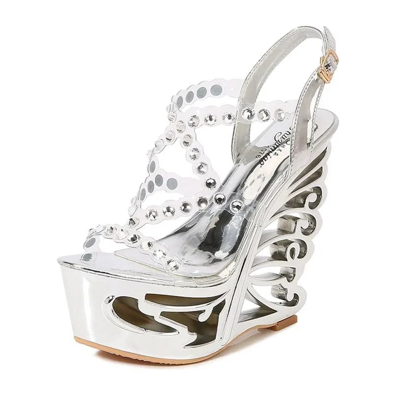 Diamond Rivet PVC Band Hollow Out Wedge Women's Shoes - Glova