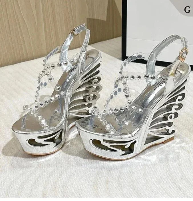 Diamond Rivet PVC Band Hollow Out Wedge Women's Shoes - Glova