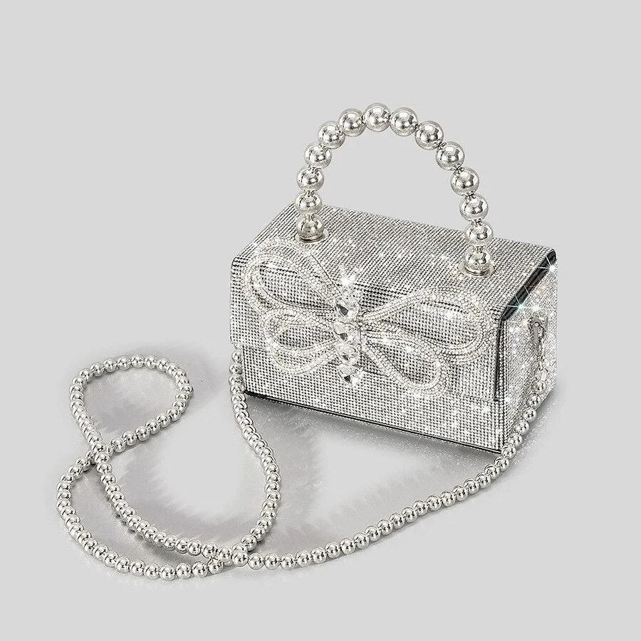 Diamonds Bow Rhinestone Beading Flap Box Bag - Glova