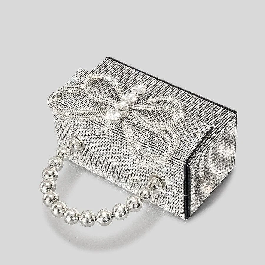 Diamonds Bow Rhinestone Beading Flap Box Bag - Glova