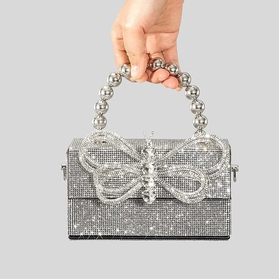 Diamonds Bow Rhinestone Beading Flap Box Bag - Glova