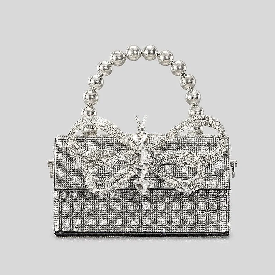 Diamonds Bow Rhinestone Beading Flap Box Bag - Glova