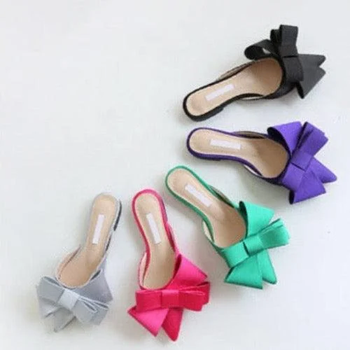 Dianna Silk Satin Pointed Big Bow Tie Slippers - 5 Colors - Glova