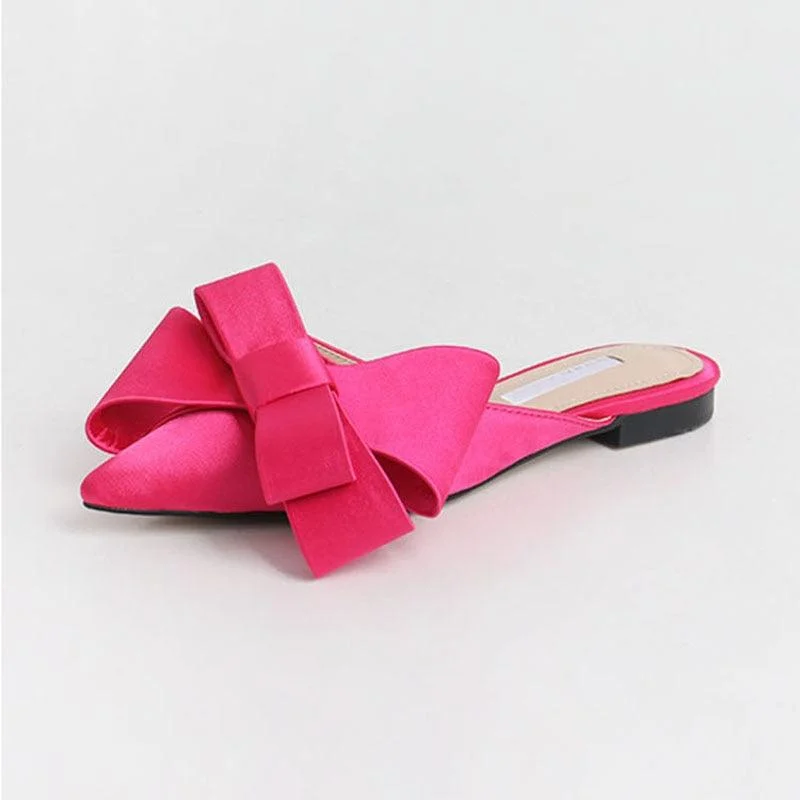 Dianna Silk Satin Pointed Big Bow Tie Slippers - 5 Colors - Glova