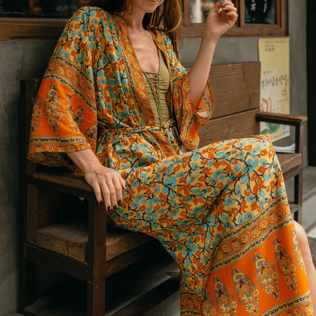 Dusty Yellow Turquoise Dreams Kimono - Glova