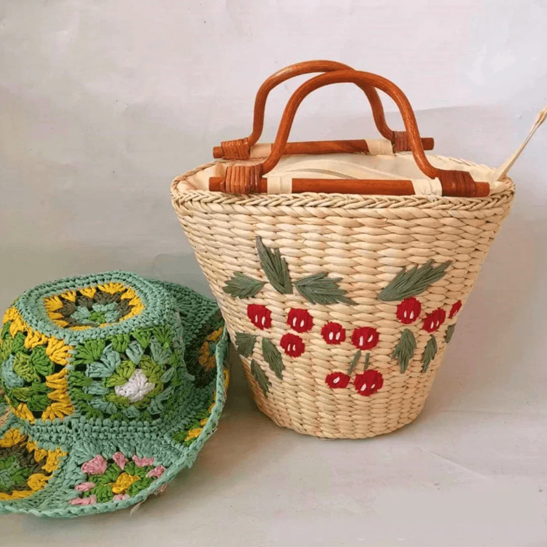 Eka Embroidery Straw Bucket Bags - 2 Styles - Glova