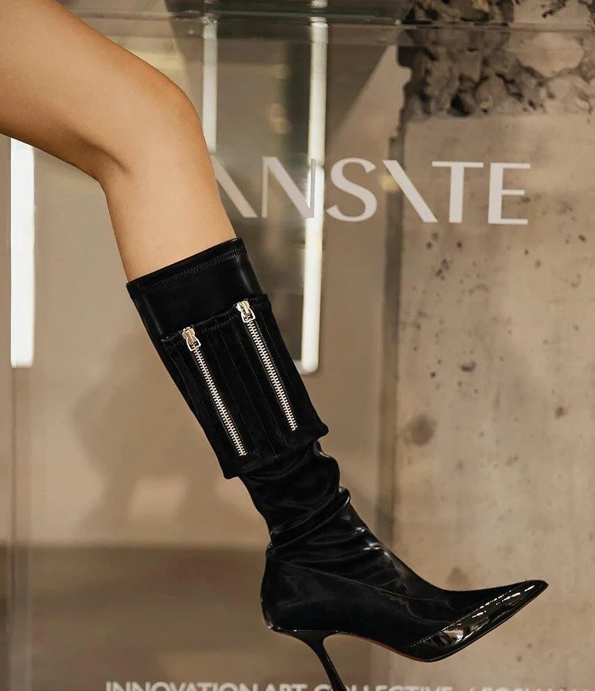 Elastic PU Leather Side Pocket Details Knee High Boots - Glova