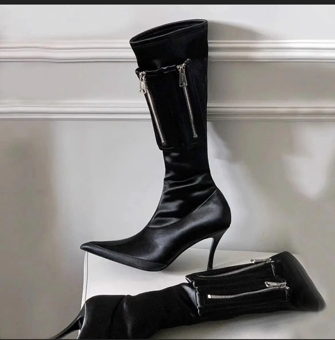 Elastic PU Leather Side Pocket Details Knee High Boots - Glova