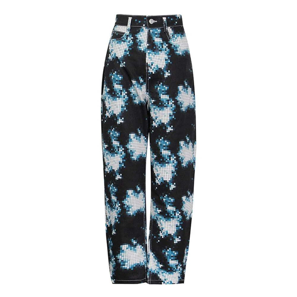 Electric Grid Print Wide Leg Jeans - Glova