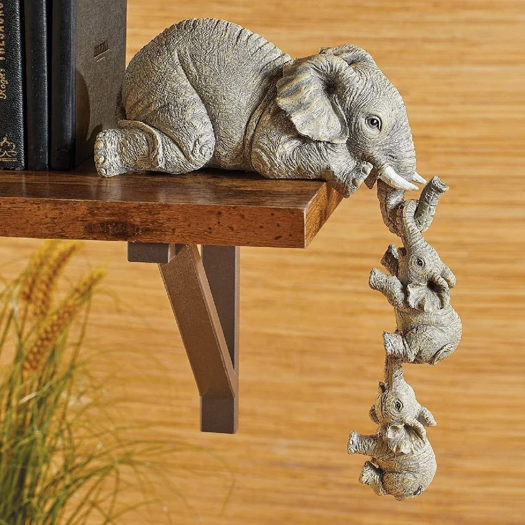 Elephant Mom & Babies Hanging Off The Edge Figurine - Glova