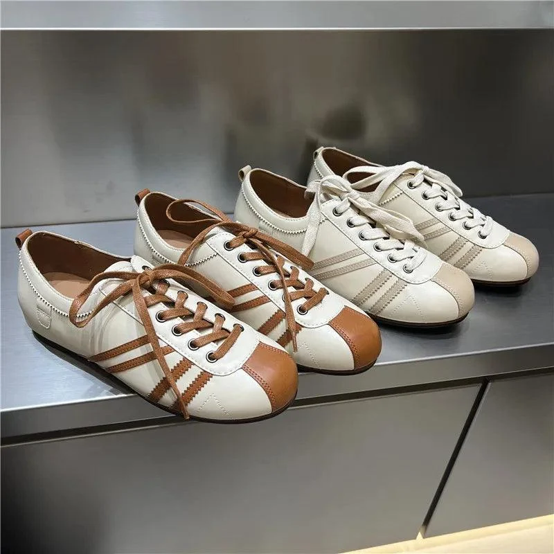 Eline Round Toe Leather Lace-up Flat Sneakers - Glova