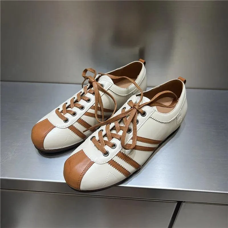 Eline Round Toe Leather Lace-up Flat Sneakers - Glova