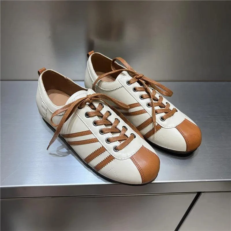 Eline Round Toe Leather Lace-up Flat Sneakers - Glova