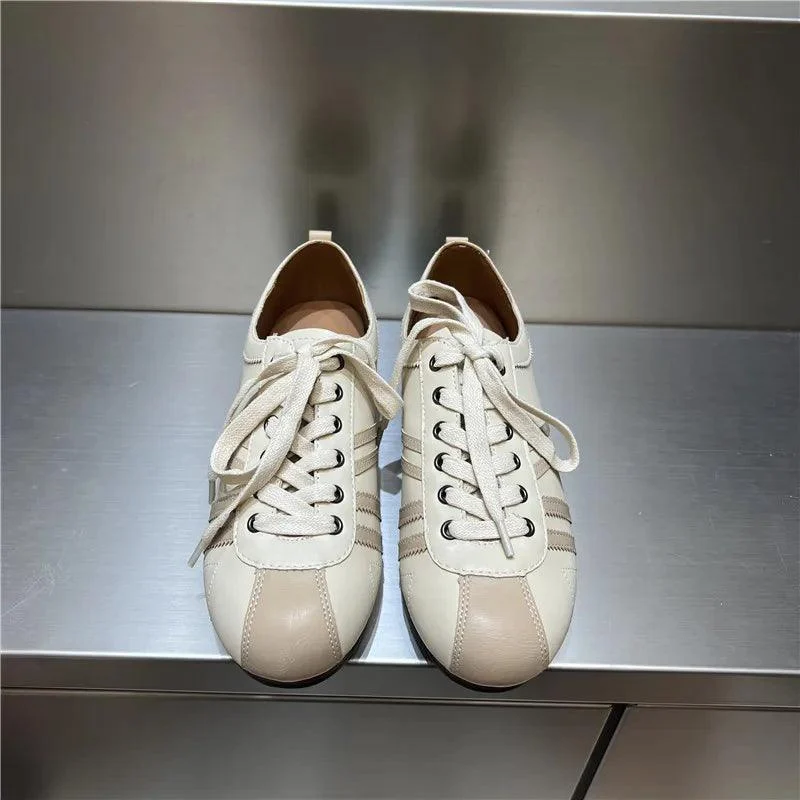 Eline Round Toe Leather Lace-up Flat Sneakers - Glova