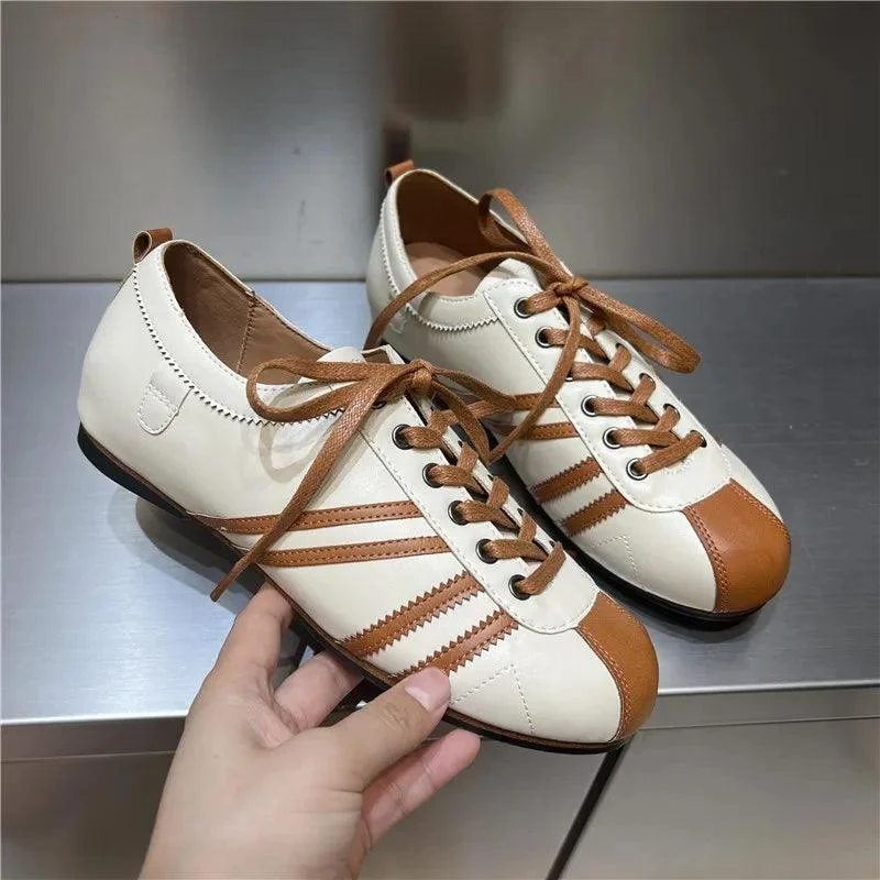 Eline Round Toe Leather Lace-up Flat Sneakers - Glova