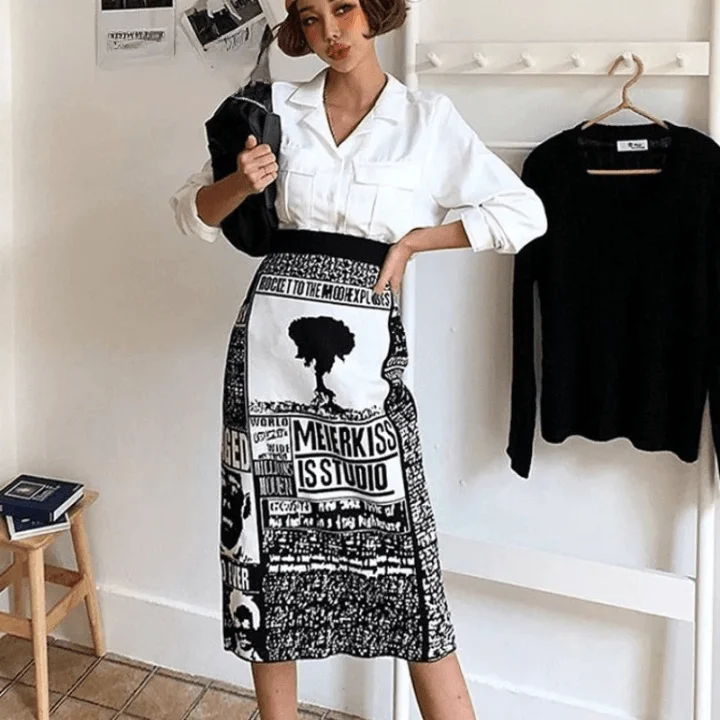 Elora Newspaper Graphic Prints Knit Pencil Skirts - Glova