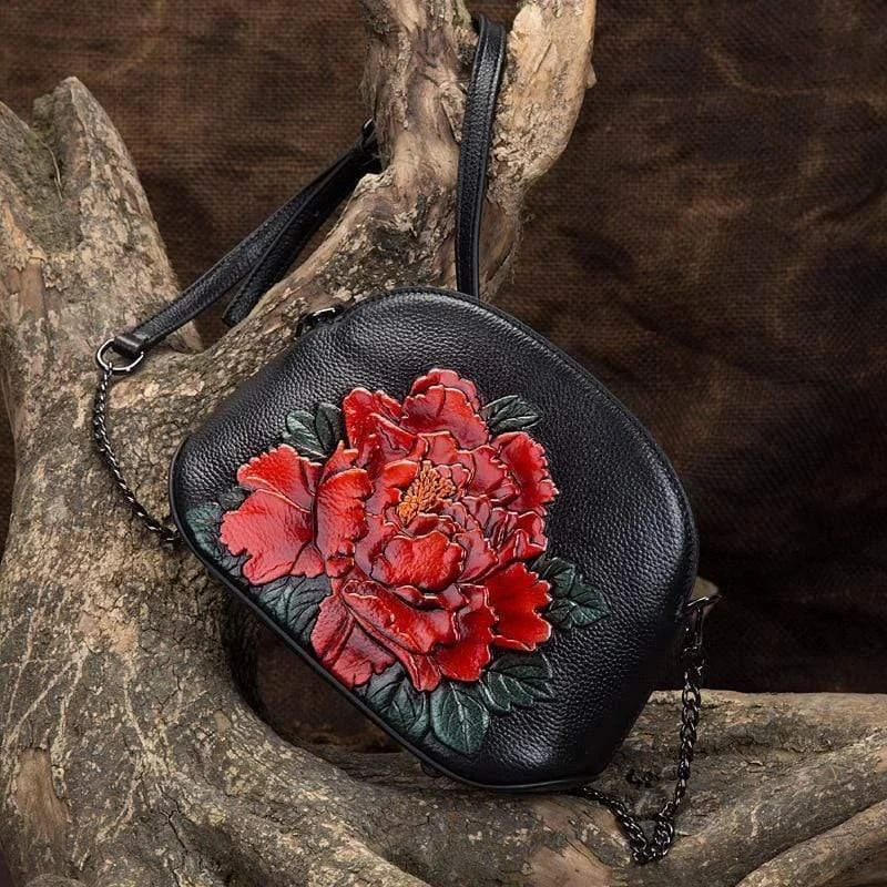 Embossed Flower Leather Crossbody Bag - Glova