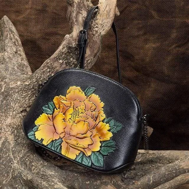 Embossed Flower Leather Crossbody Bag - Glova