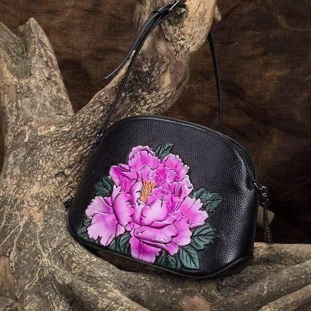 Embossed Flower Leather Crossbody Bag - Glova