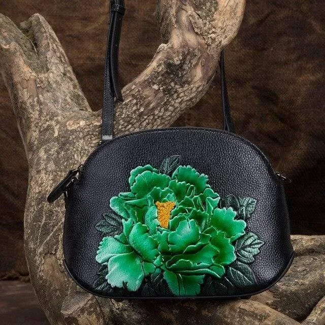 Embossed Flower Leather Crossbody Bag - Glova