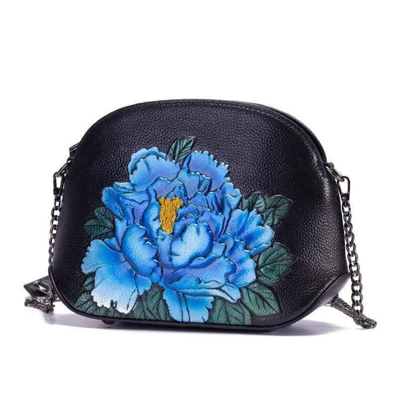 Embossed Flower Leather Crossbody Bag - Glova