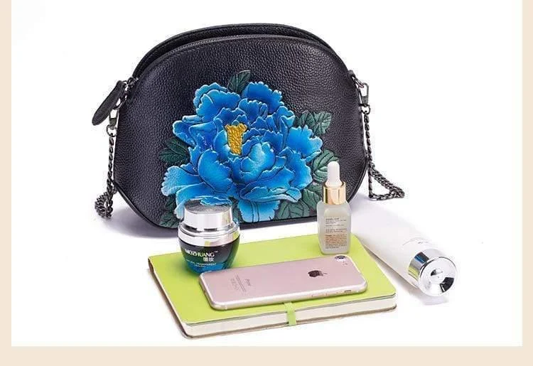 Embossed Flower Leather Crossbody Bag - Glova