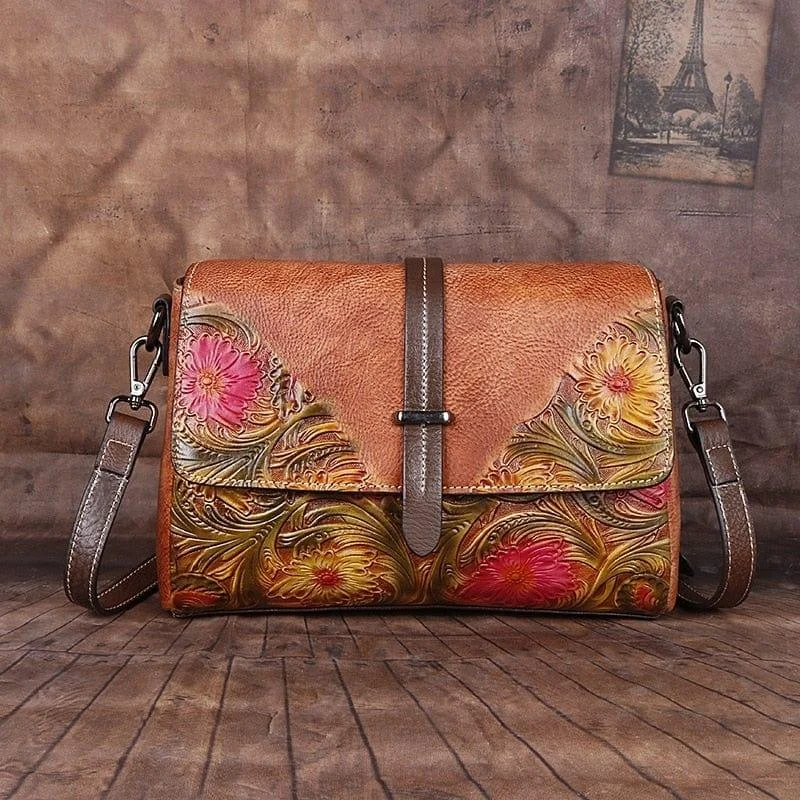 Embossed Flowers Messenger Bag - Glova