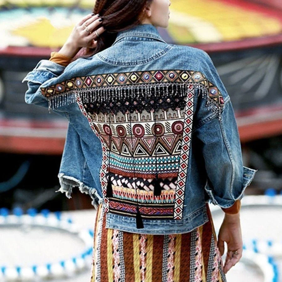 Embroidered Ethnic Denim Jacket - Glova