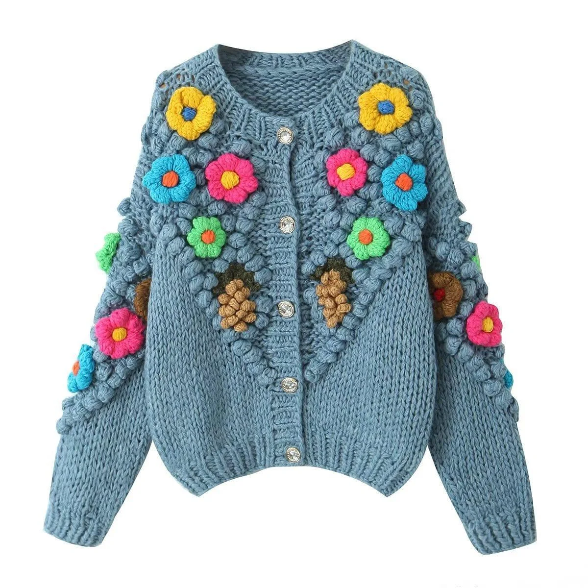 Embroidered Knitted Flowers Cardigan - Glova