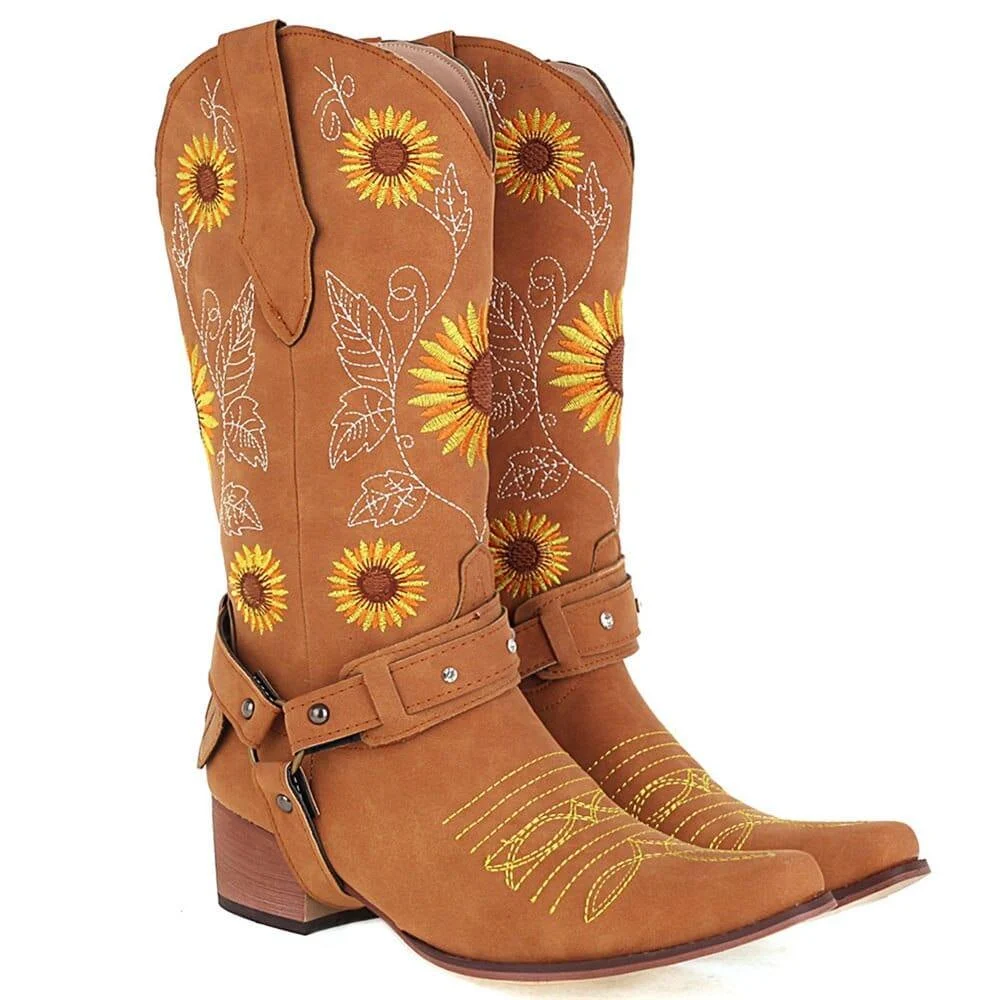 Embroidered Sunflowers Western Boots - Glova