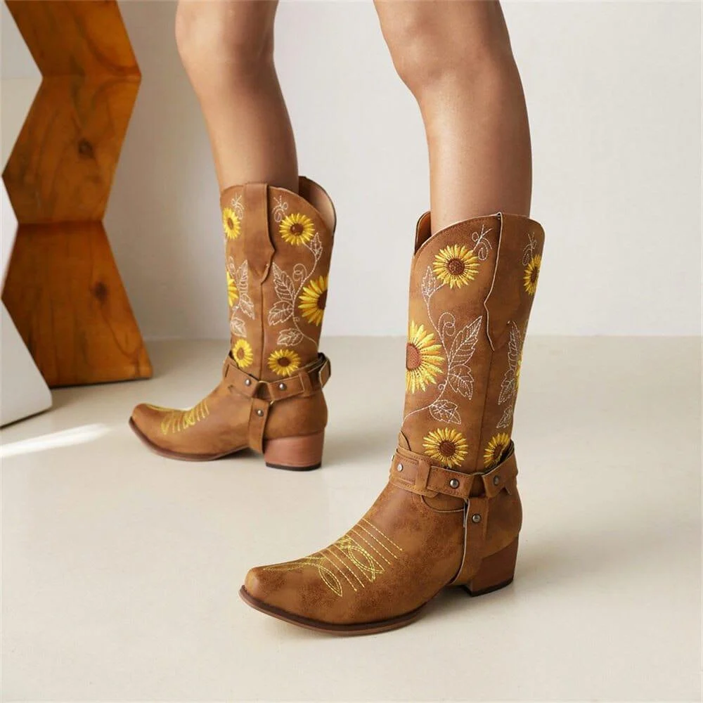 Embroidered Sunflowers Western Boots - Glova