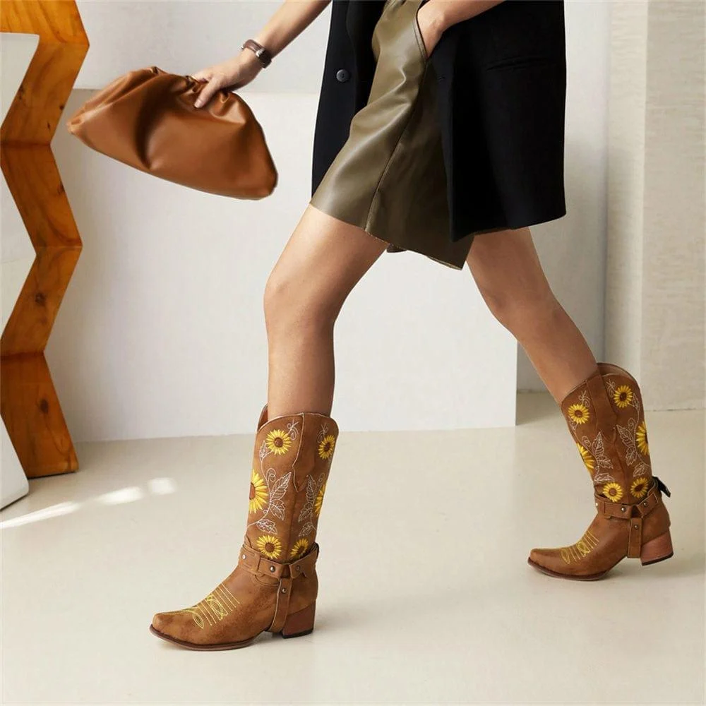 Embroidered Sunflowers Western Boots - Glova