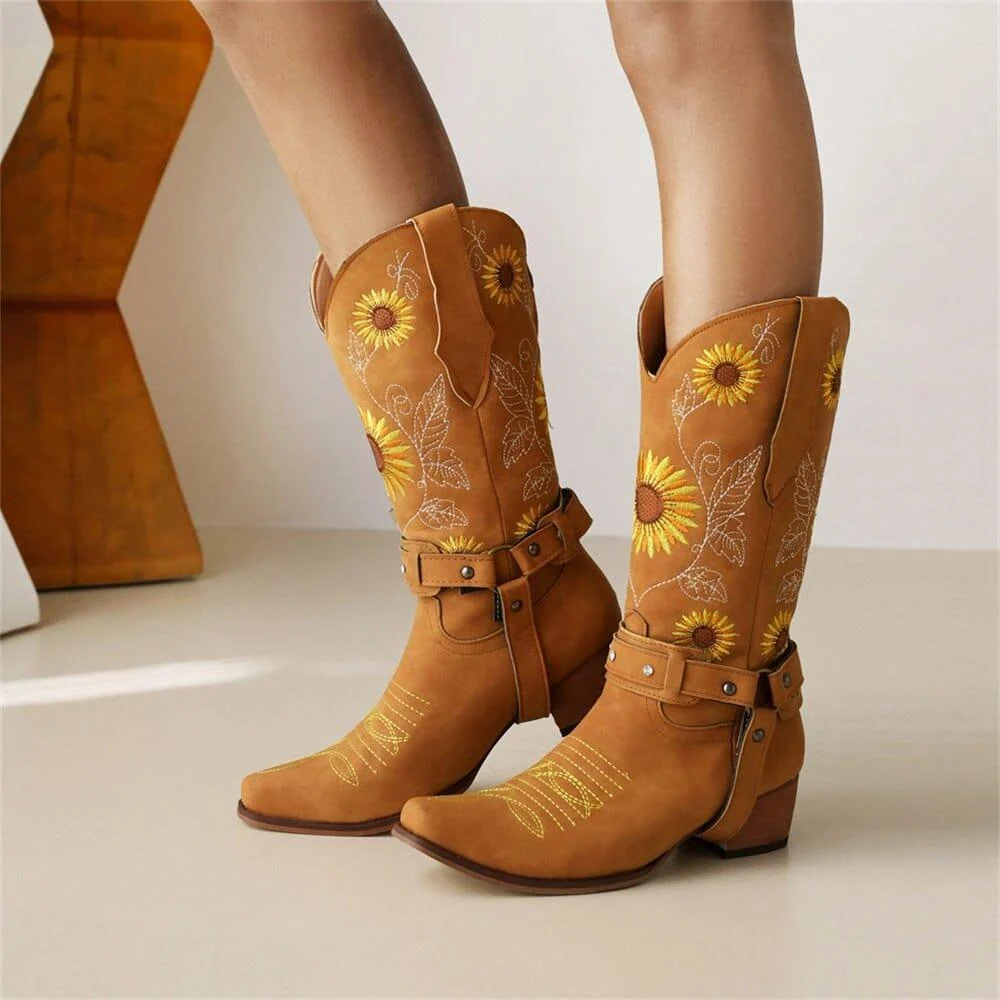 Embroidered Sunflowers Western Boots - Glova