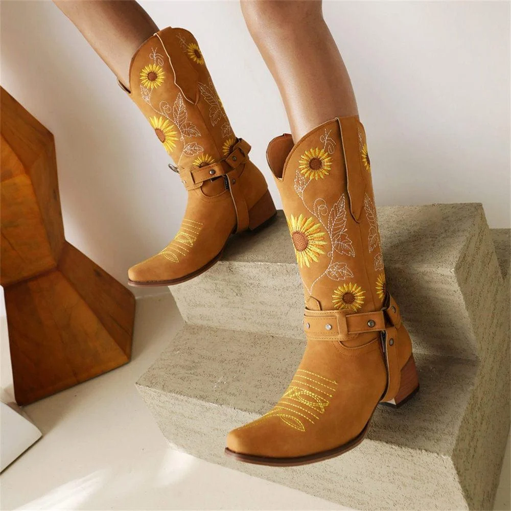 Embroidered Sunflowers Western Boots - Glova