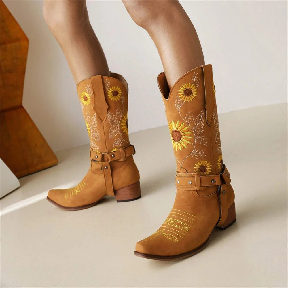 Embroidered Sunflowers Western Boots - Glova