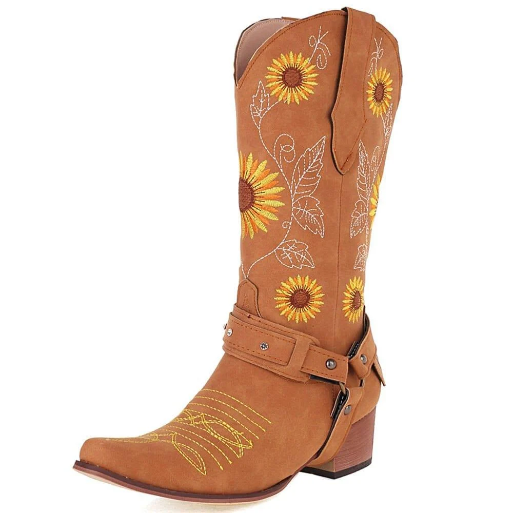 Embroidered Sunflowers Western Boots - Glova