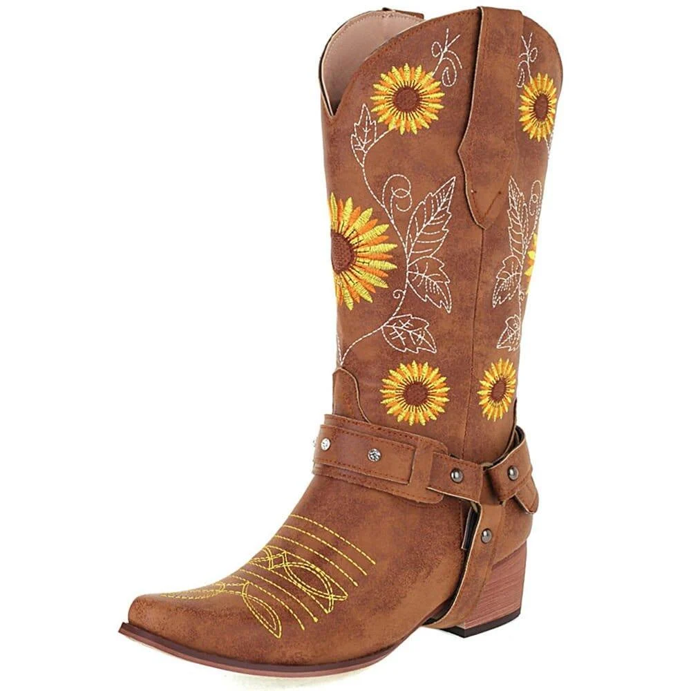 Embroidered Sunflowers Western Boots - Glova