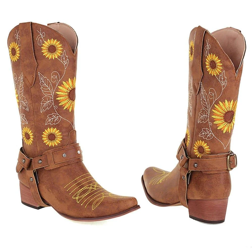 Embroidered Sunflowers Western Boots - Glova